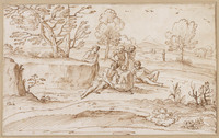 K VI 034
<br/>
Landschap met dobbelende mannen
<br/>
<em>Grimaldi, Giovanni Francesco (1606-1680) - atelier van / kopie naar andere meesters</em>